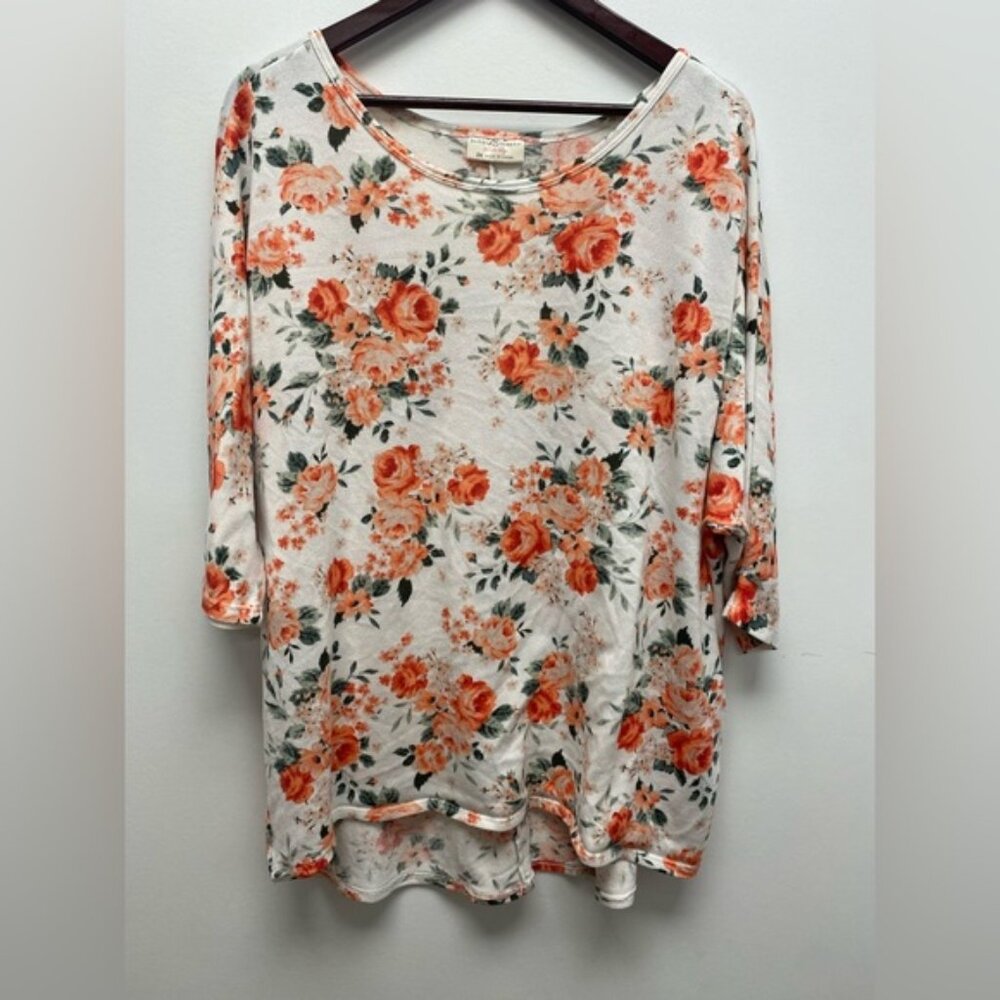 Bobbie Brooks Floral Top Orange &  White Scoop Neck Relaxed Fit 2x